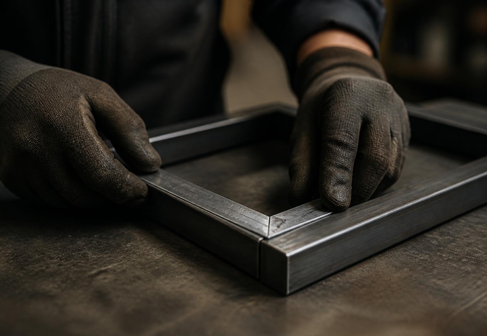 Craftsman hand-finishing a custom steel frame in the Feria fabrication shop