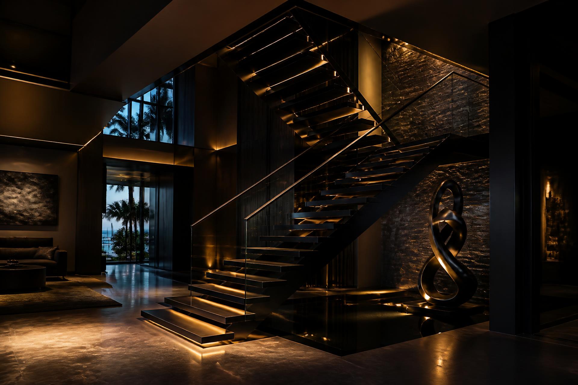 Sculptural blackened steel and glass staircase in a luxury Miami residence
